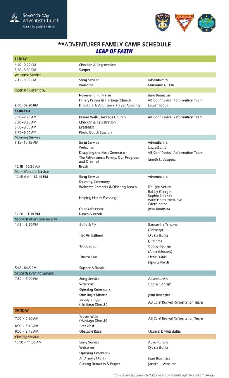 Adventurer Family Camp Schedule 2023 Adventurer Family Camp Schedule 2023 Image